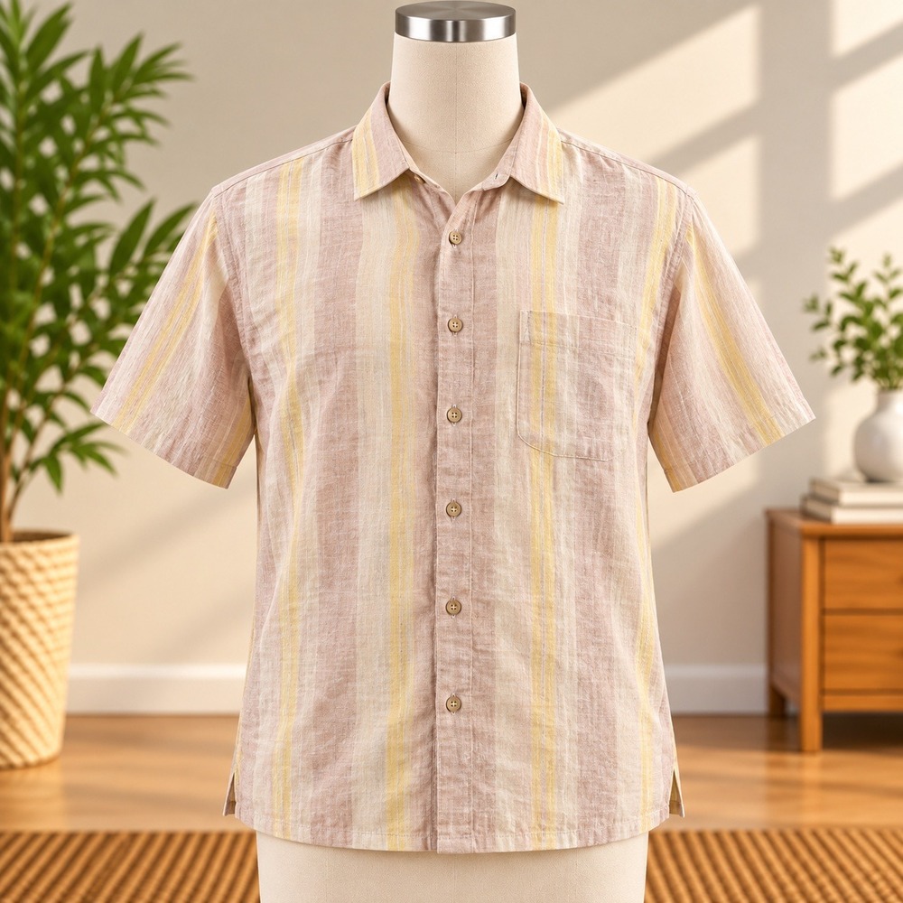 Solitude Button Down Shirt Mens Large Tan Plaid Short Sleeve Textured Casual